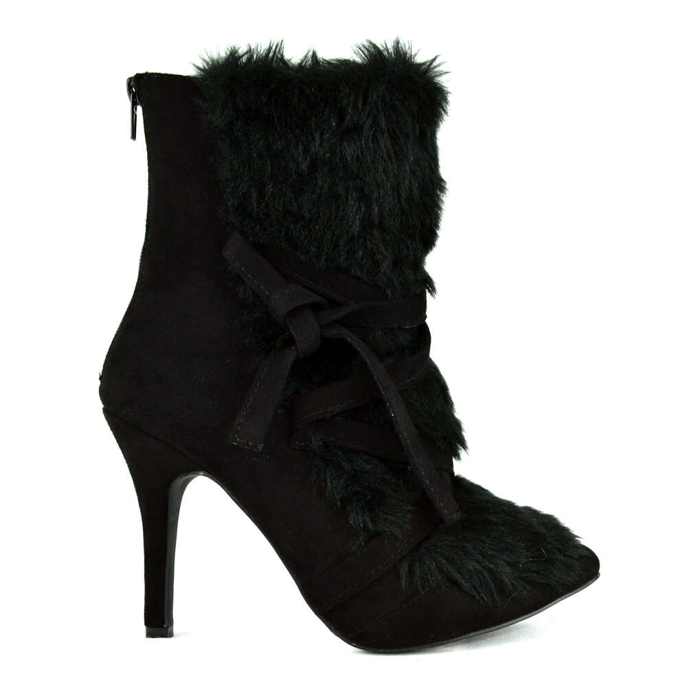 Women's Pointed Toe Faux Suede Fur Ankle Boot With Stiletto Heel And Wrap Tie Detail