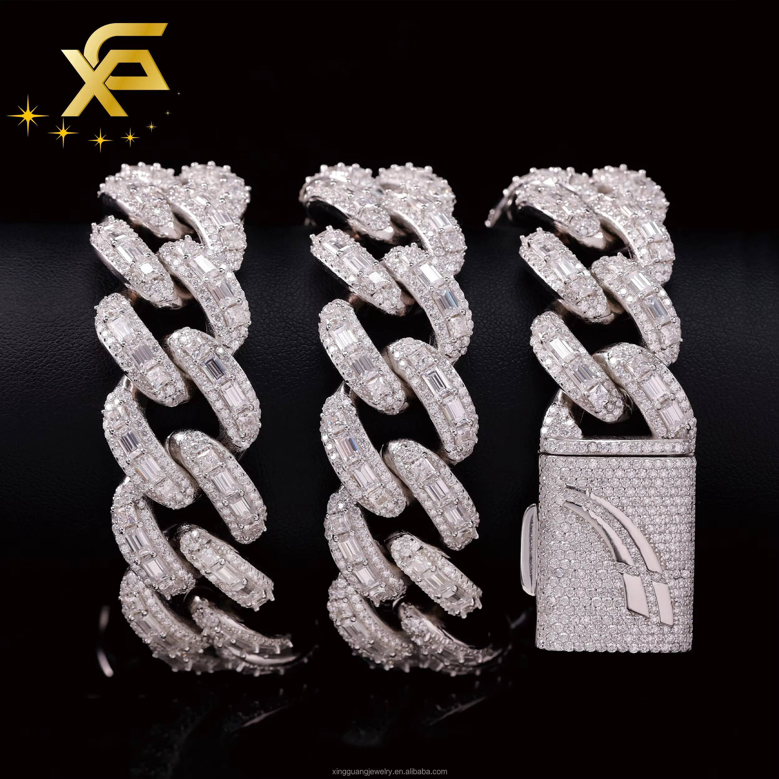 Hip Hop 20mm 18mm Wide Necklace Baguette Moissanite Diamond Heavy Silver Gold Plated Cuban Lidynamic Chain with GRA Certificate
