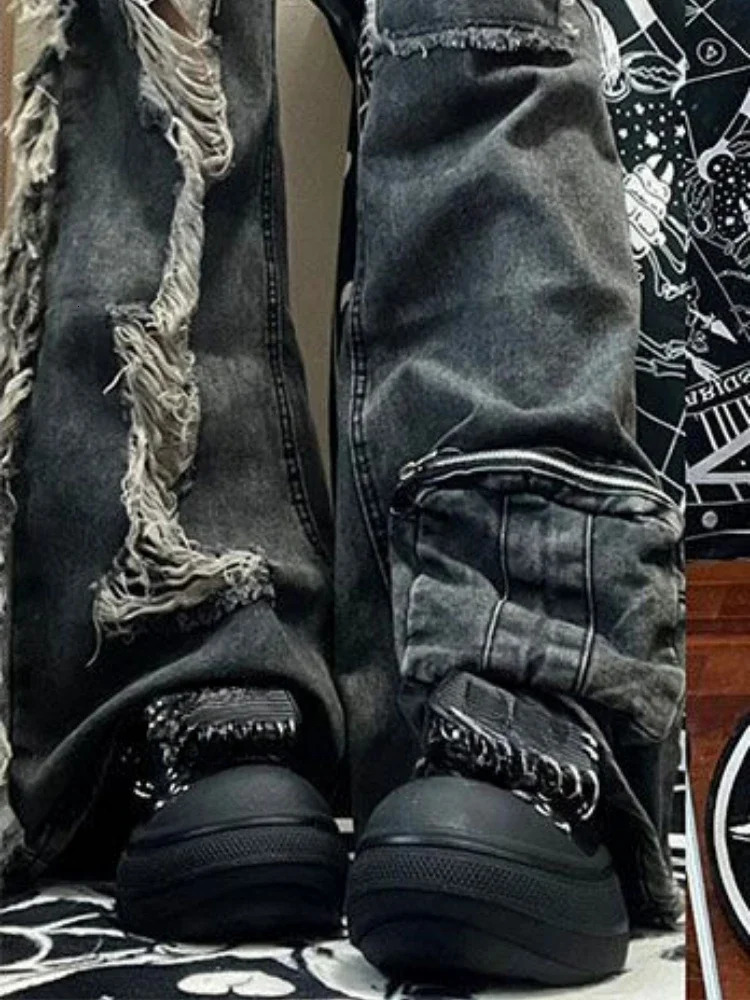 Vintage Grunge Jeans Woman Punk Hole Trousers Streetwear High Waist Wide Leg Y2k Aesthetic Baggy Denim Pants Pantalones Mujer 251017