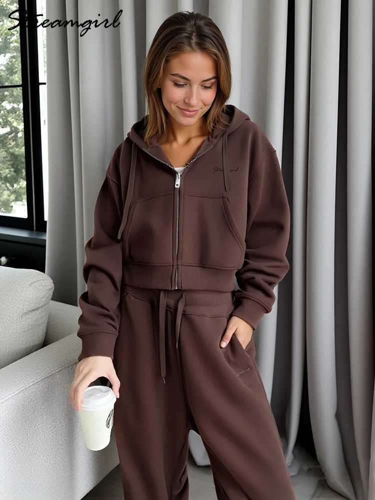 Women Tracksuits Winter Fleece Sweatsuit Brown Warm Crop Zipper Hoodies And Sweatpants Set For Women 2 Piece Velvet Pants SetsT251022