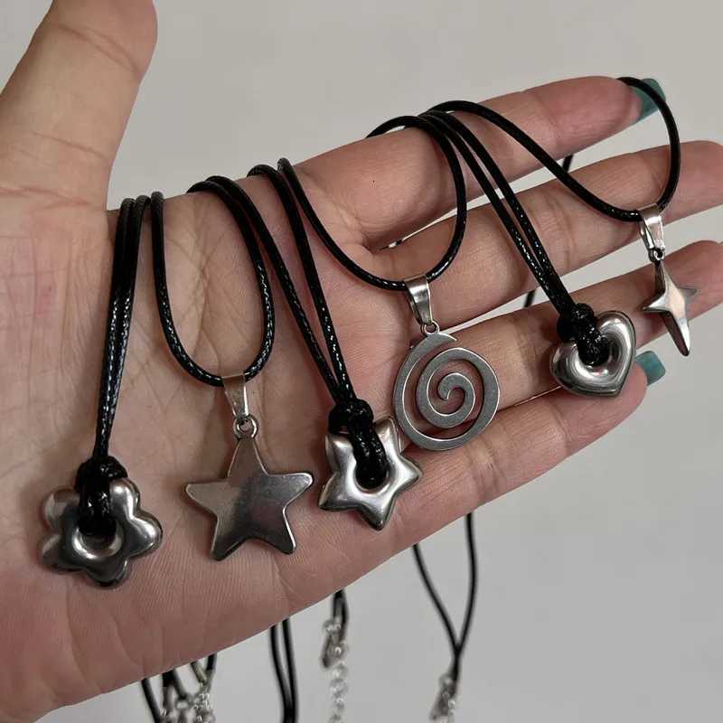 New Korean Fashion Hollow Titanium Steel Star Pentagram Pendant Necklace for Women Men Black Rope Chain Choker Y2k Party Jewelry V251022