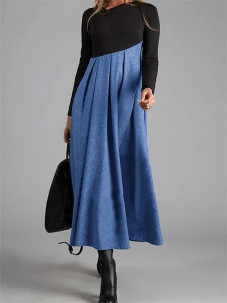 New fashion designer autumn and winter wool dress color blocked V-neck long sleeved applique flared skirt for women long sleeved