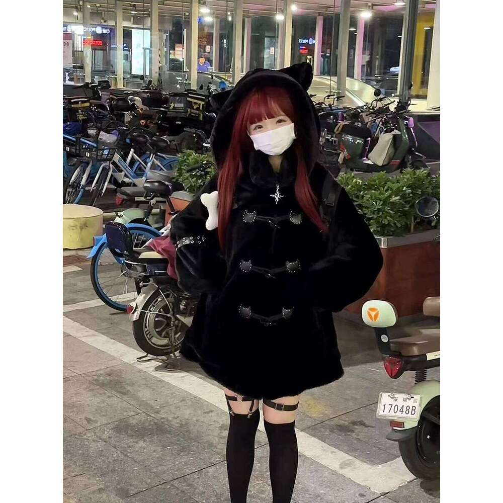 Lautaro Autumn Winter Oversized Soft Thick Warm White Faux Fur Hoodie Women with Bear Ears Horn Buttons Punk Style Fluffy Jacket