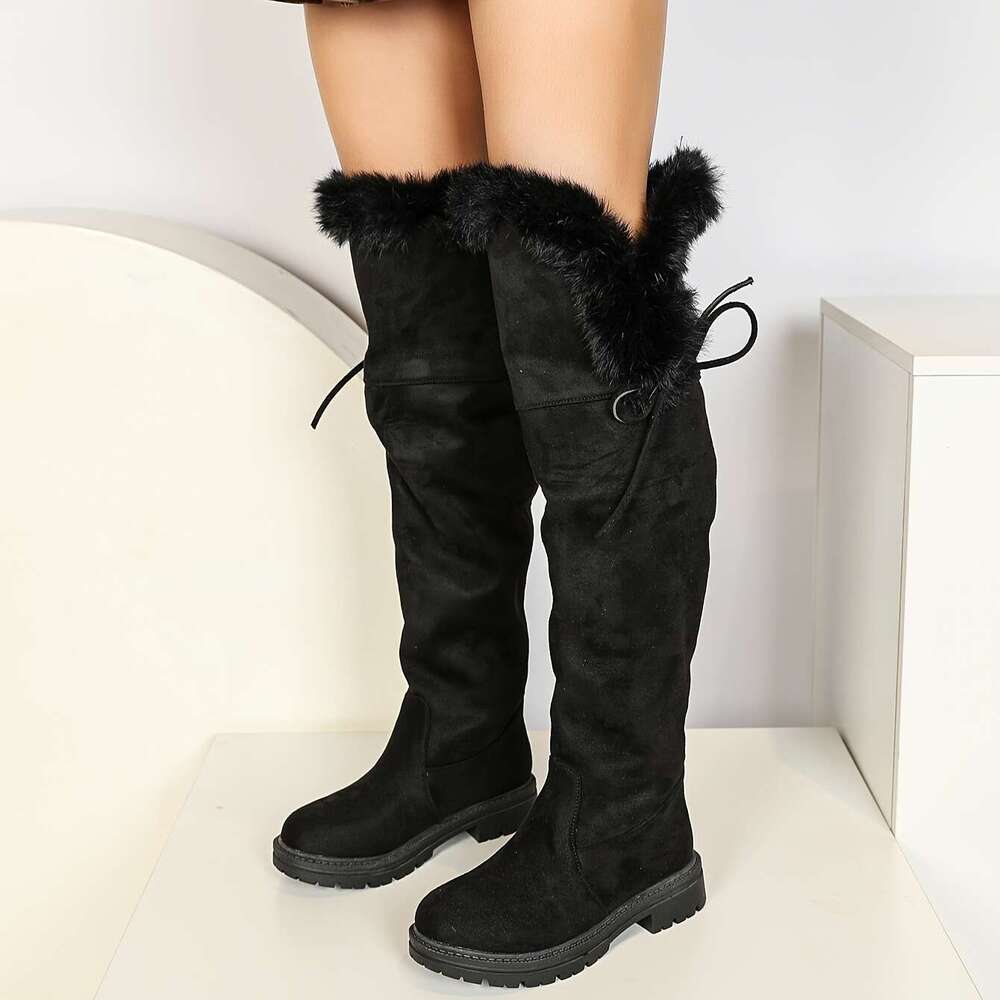 Women's Thick Platform Heels, Slip-On Knee-High With Non-Slip Rubber Sole, Warm Fabric Lining Black Boots For Weather, Formal & Everyday Outfits 