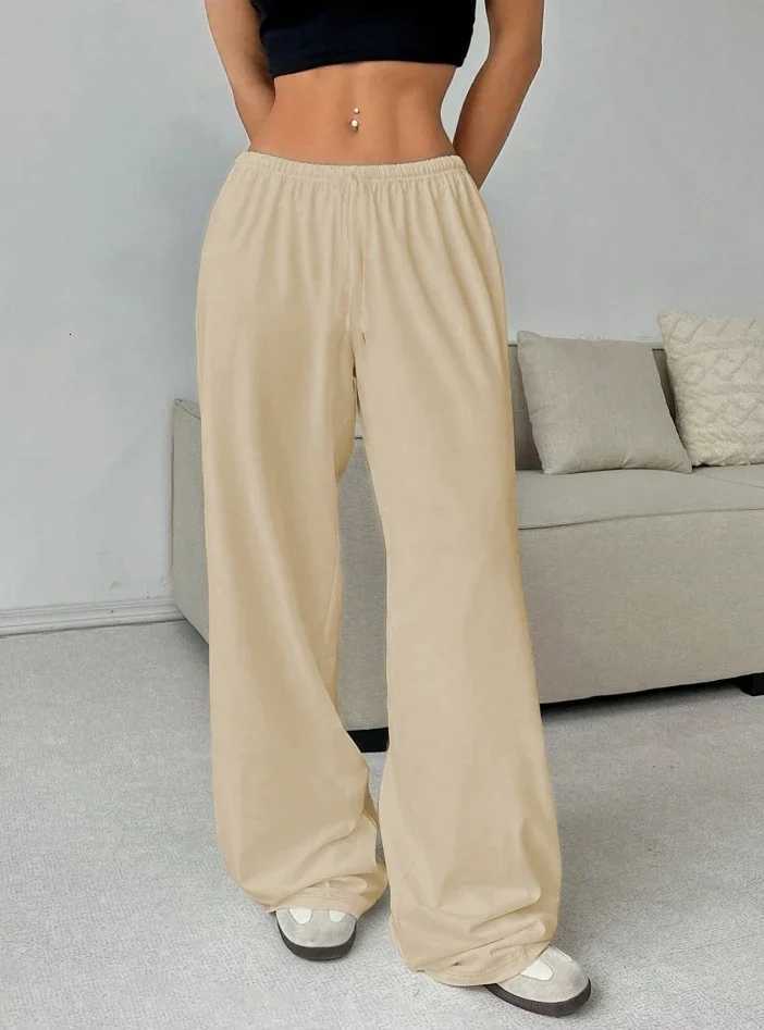 CPSYMYM Womens Pants Spring Solid Color Low Waisted Casual Elastic Waisted Lace Up Wide Leg Daily Sports PantsT251022