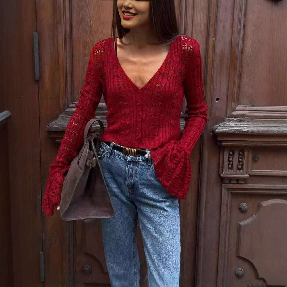Russian New Designer Solid Color Cardigan - Women's Short Knitted Top with Sexy Sexy Hollow Out Bell Sleeves & Stylish Flair