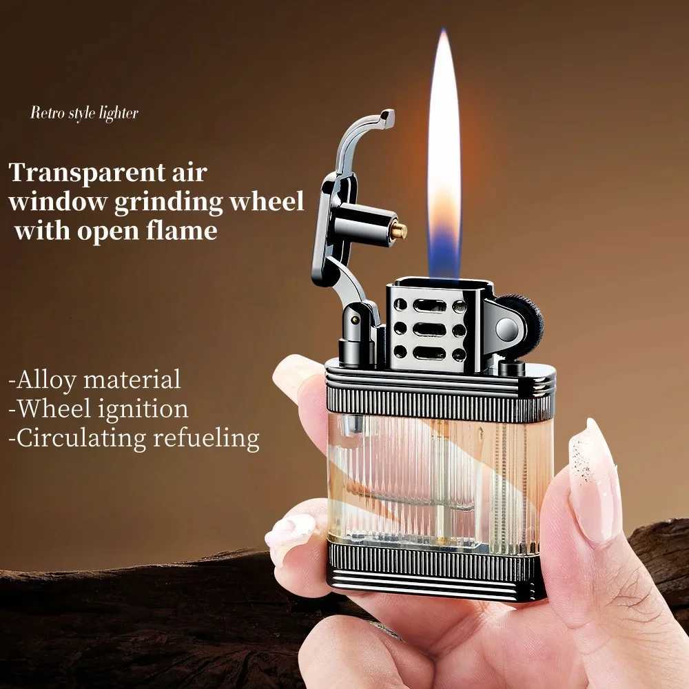 New Transparent Window Retro Grinding Wheel Lighter Alloy High Quty Light Luxury Leather Pattern Cigarette Lighter C251022