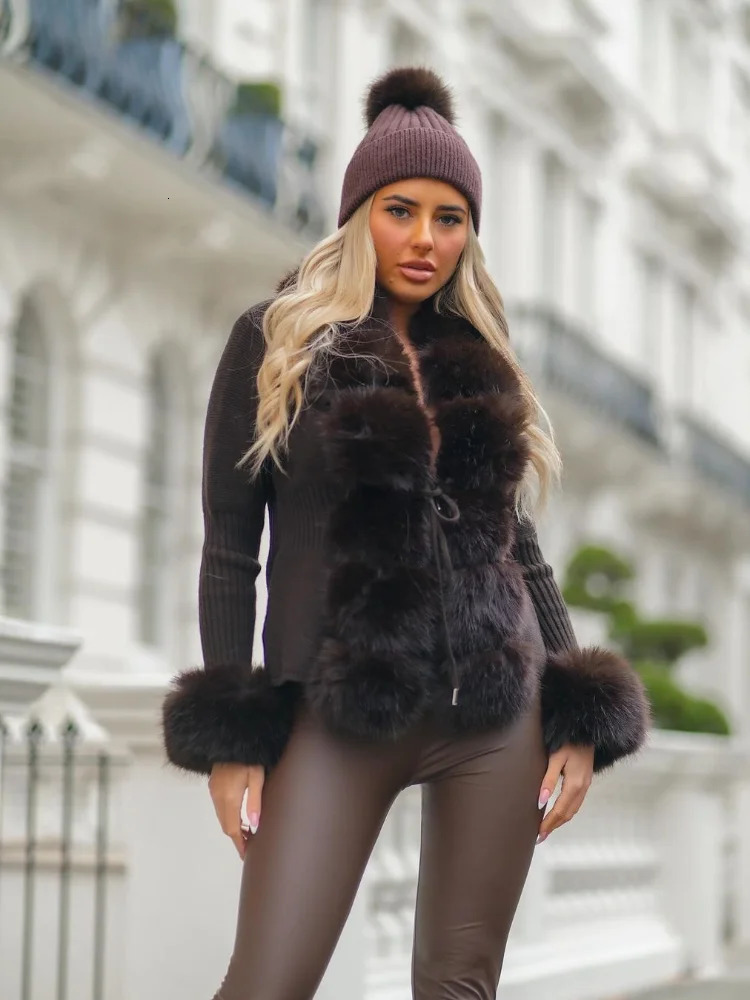 Faux Fur Patchwork Knitted Cardigan Women Fashion Elegant Vneck Long Sleeve Lace Up Jackets Winter Lady Street Outwear 251016