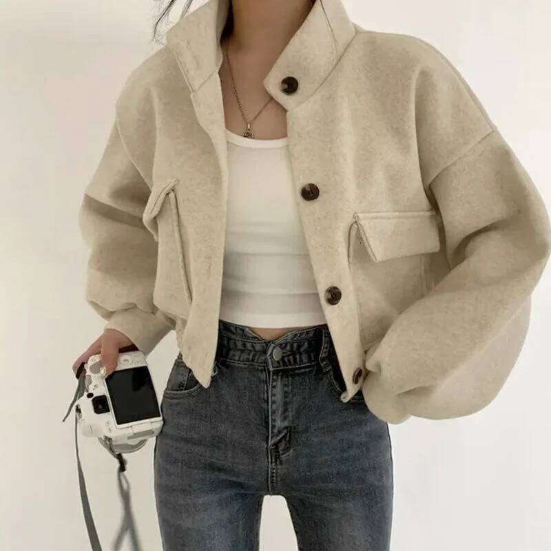 Korean Autumn Winter New Stand Collar Short Lazy Style Loose Casual Wool Coat for Women
