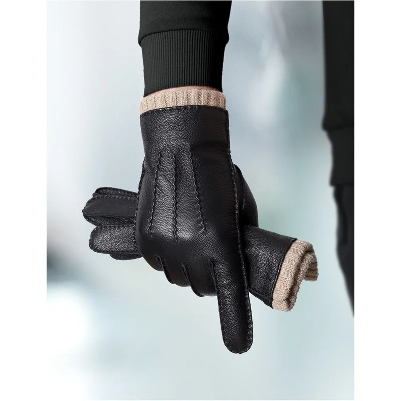 High Quality Men Genuine Sheepskin Leather Gloves Winter Warm wool Lined Touch Screen Full Finger Driving Motorcycle Gloves 251021