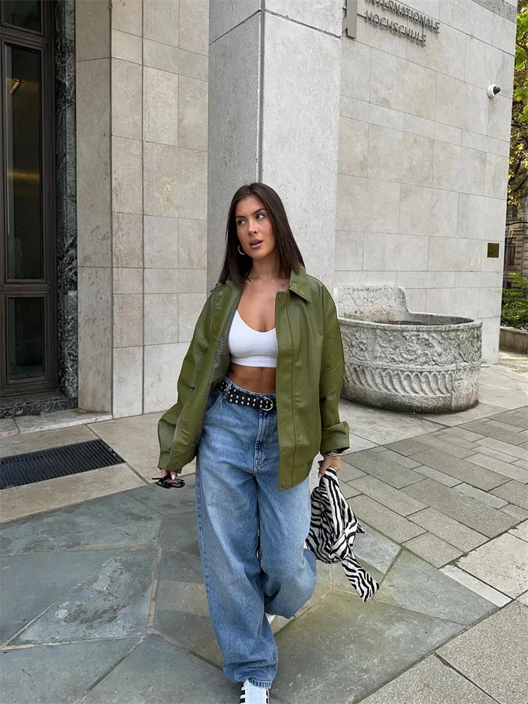 Green PU Leather Jacket Women Retro Laple Zipper Loose Full Sleeve Oversized Coat Female Fashion Lady Solid Streetwear 251021