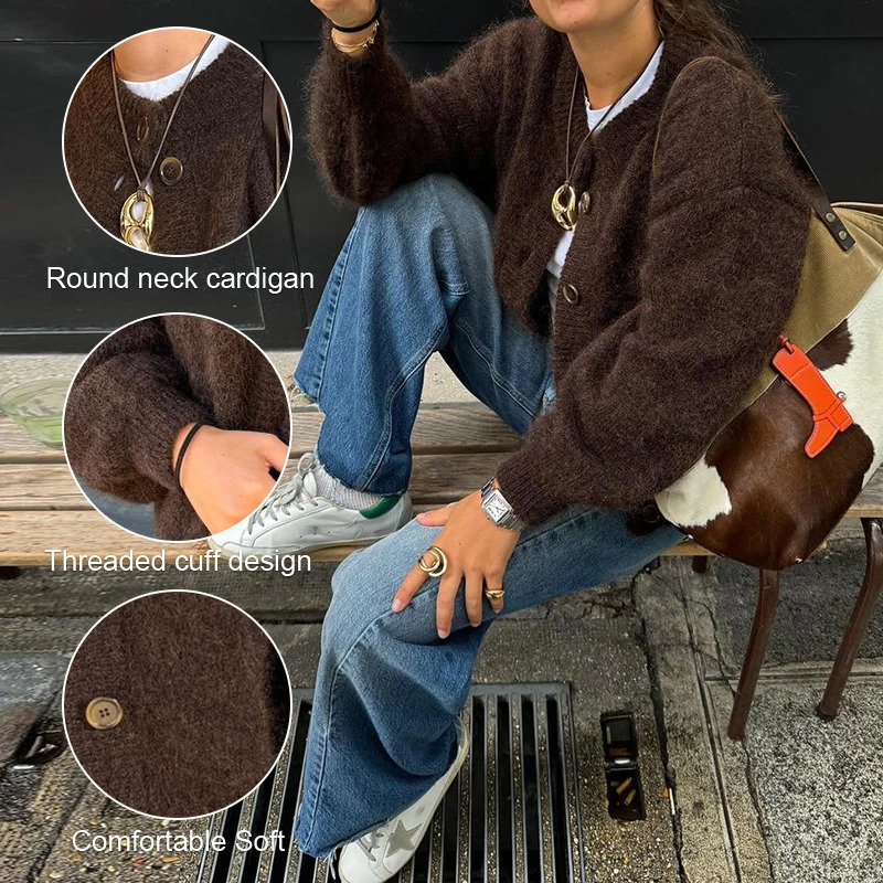 Autumn Winter Womens Cardigan Wool Sweater Retro Solid Color Round Neck Long Sleeved Loose Casual Versatile Top ropa mujer 251021