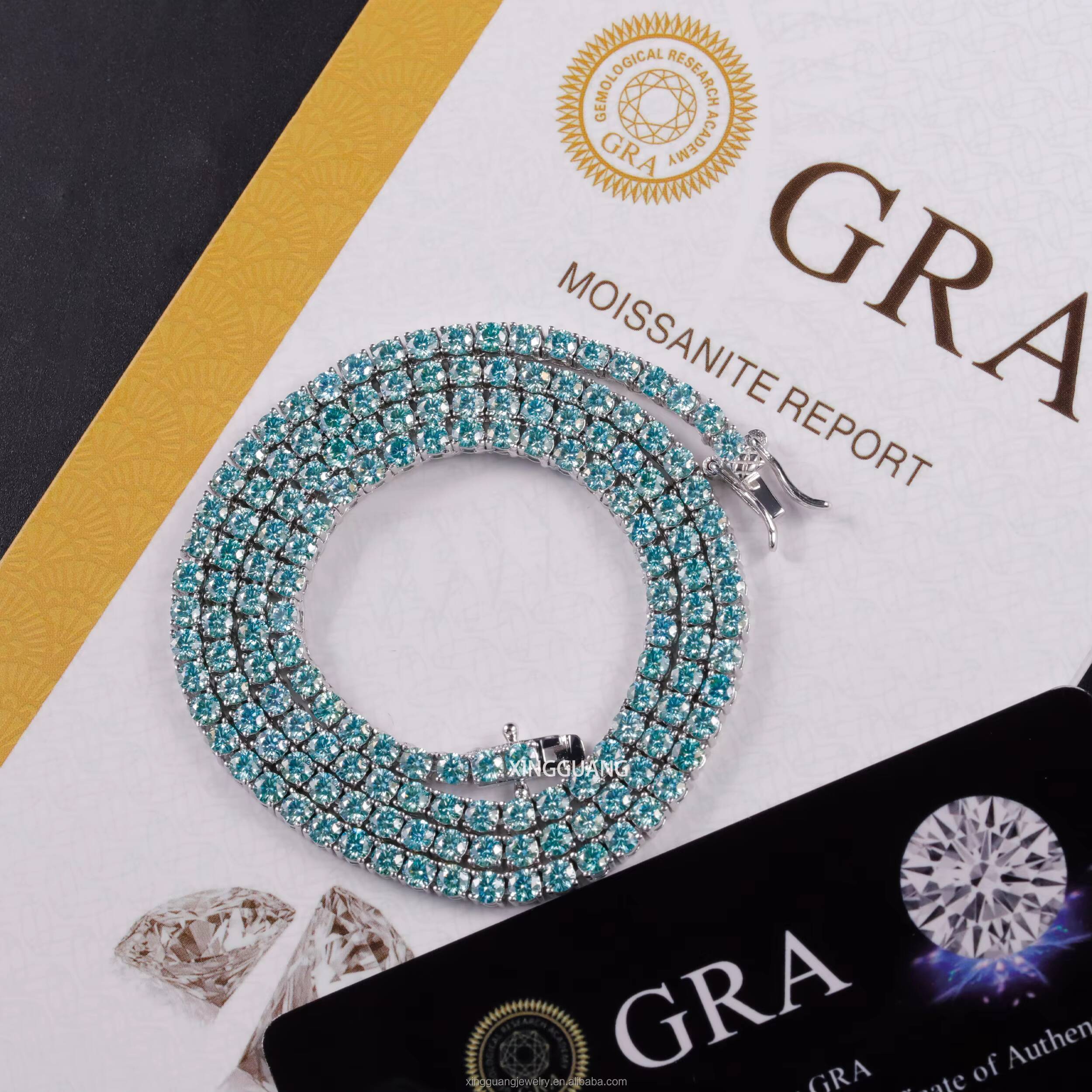 Hot Sale 345mm Fancy Green Blue Diamond S925 Silver Women Men Hip Hop Bracelet Necklace Moissanite Tennis Chain Jewelry