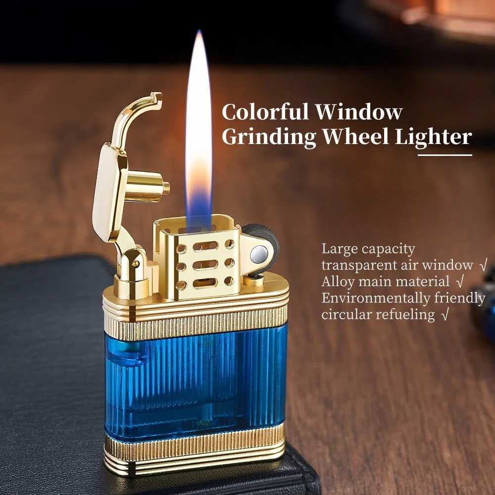 New Transparent Window Retro Grinding Wheel Lighter Alloy High Quty Light Luxury Leather Pattern Cigarette Lighter C251022