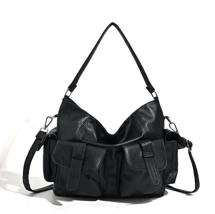 Large Capacity Messenger New PU Texture Trend Niche Design Underarm Handheld Black Solid Color Motorcycle Bag