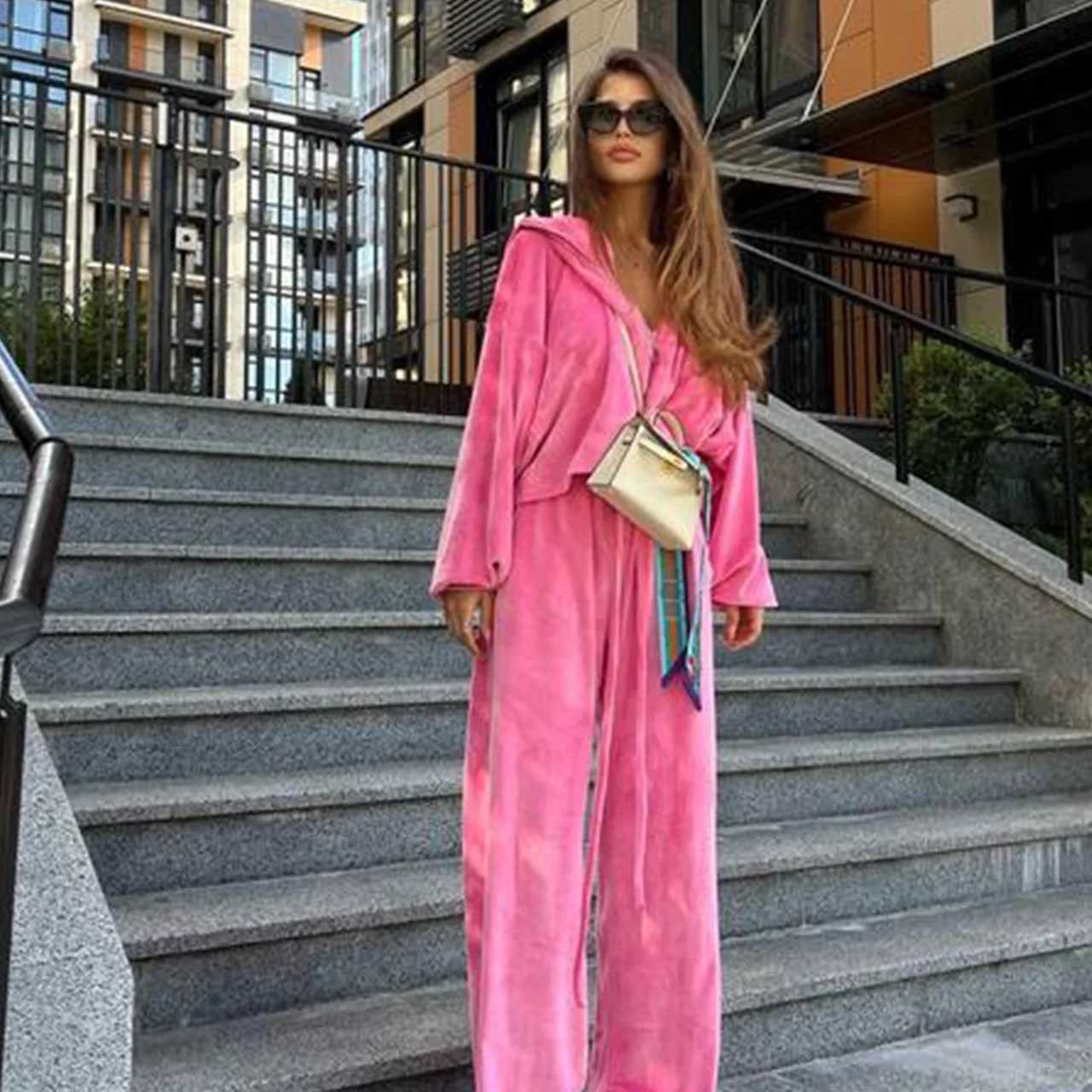 Women Autumn Hooded Coat Two Pieces Sets Solid Patchwork Wide Leg Pants Chic Outfit New Long Sleeve Casual Simple Ladies SuitsT251022