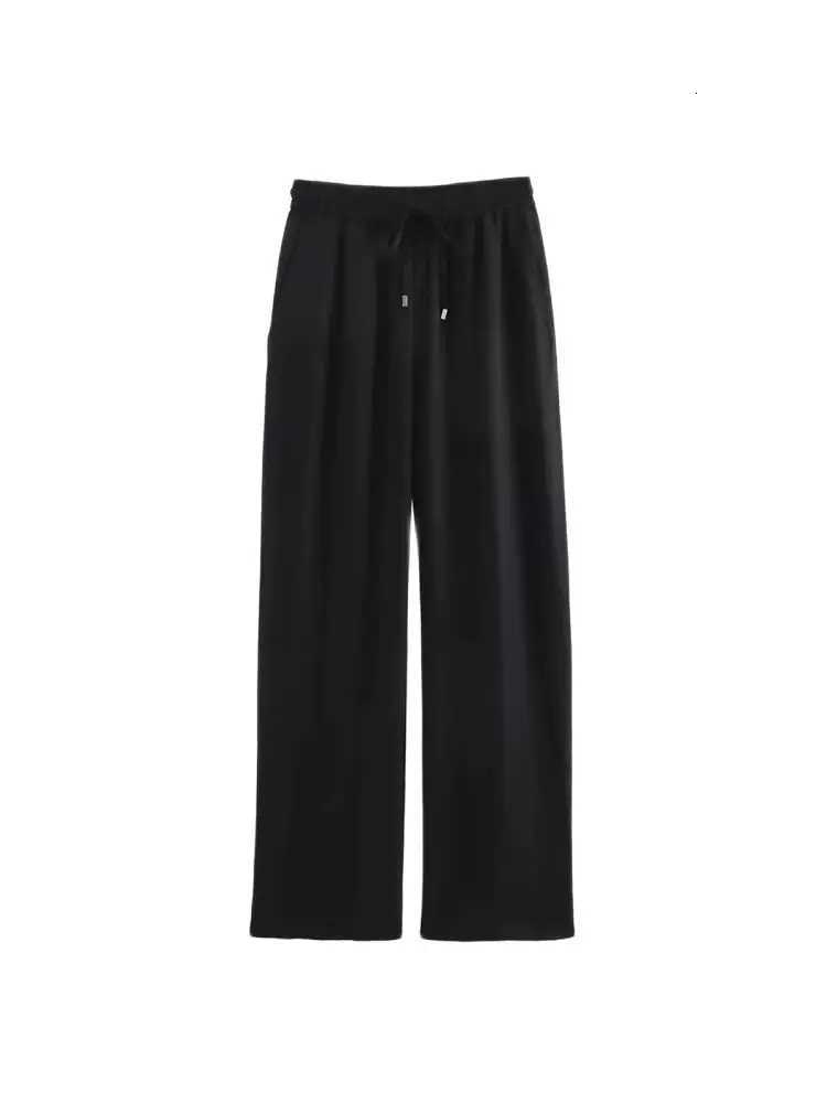 Womens Straight Pants with Front Pockets High Elastic Waist Drawstrings Female Trousers Chic FashionT251022