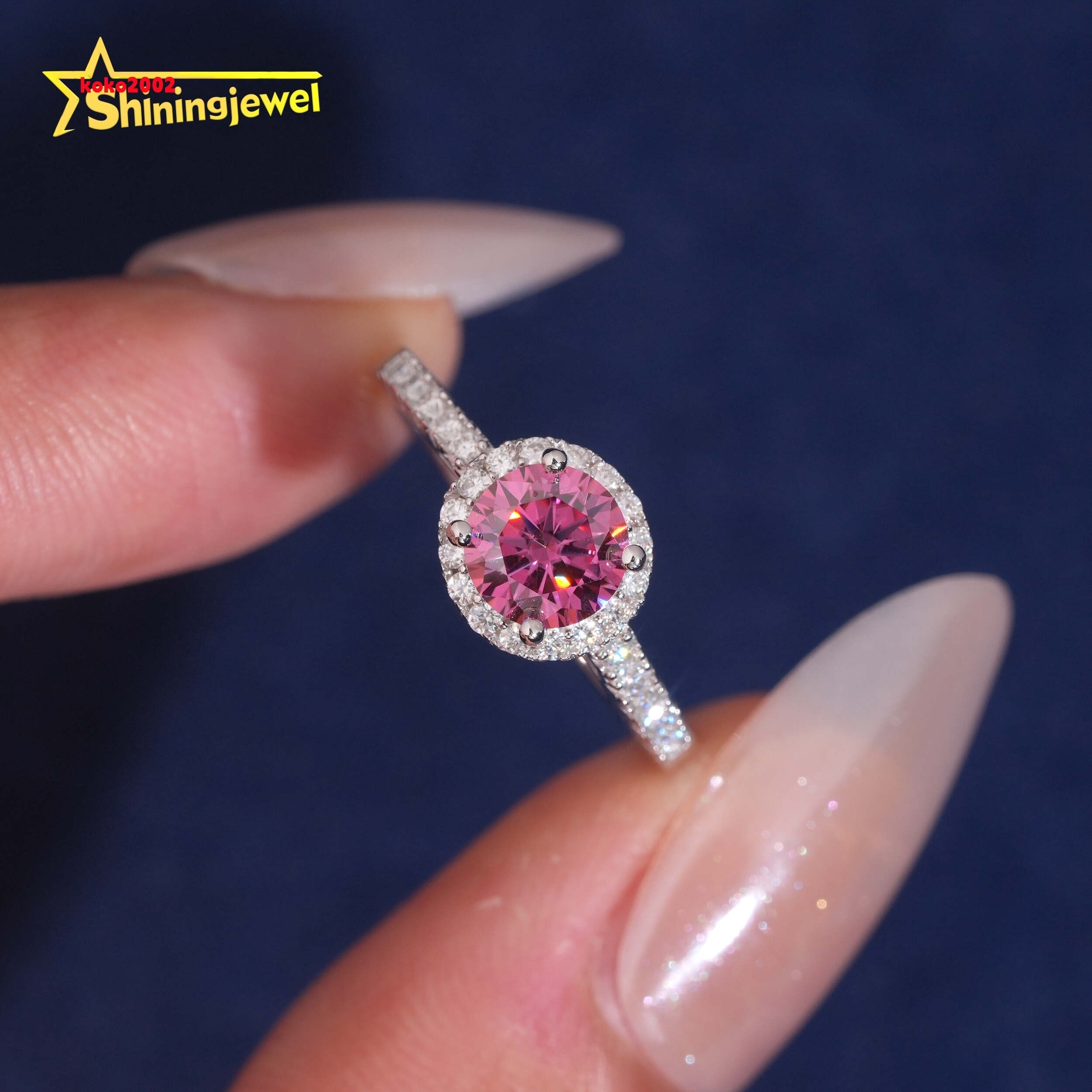Pass Diamond Tester 1ct Pink Round Moissanite Diamond Ring Women 925 Sterling Silver Fashion Jewlery Rings for Wedding