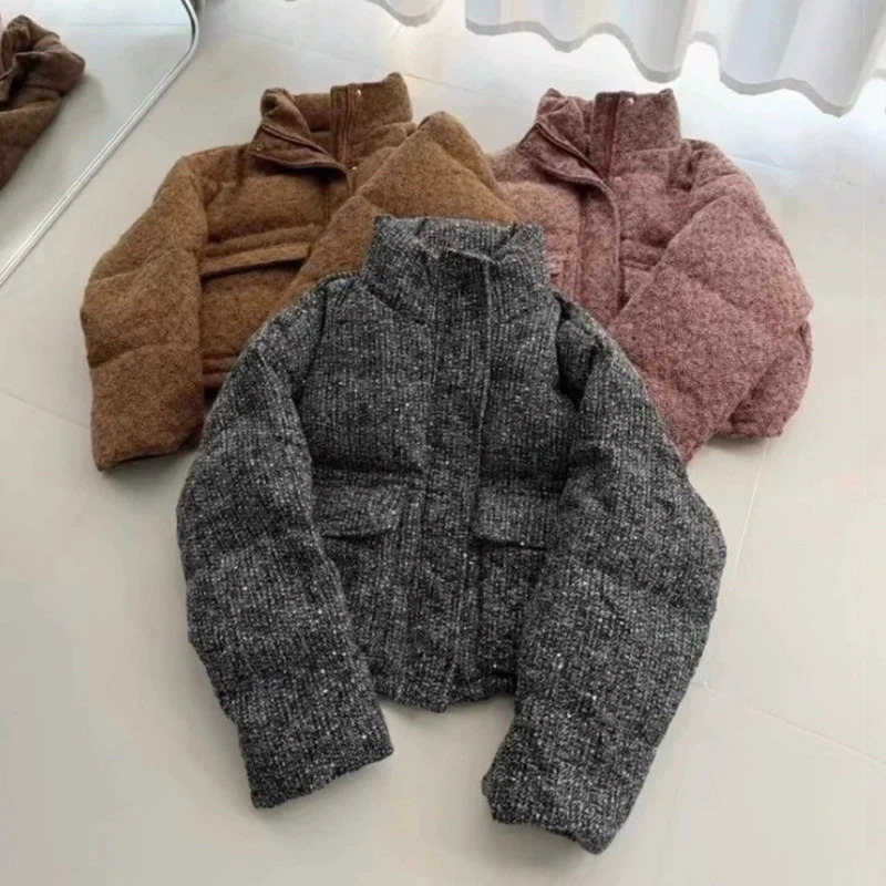 Winter Chic Stand Collar Short Parker Down Jacket Female Big Pocket Zipper Thick Outwears Women White Duck Warm Puff 251017