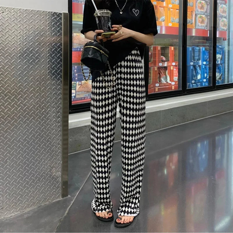 Spring and Summer Minimalist Black and White Diamond Checkered High Waist Casual Loose Fashion Pleated Floor Mop Pants 251016