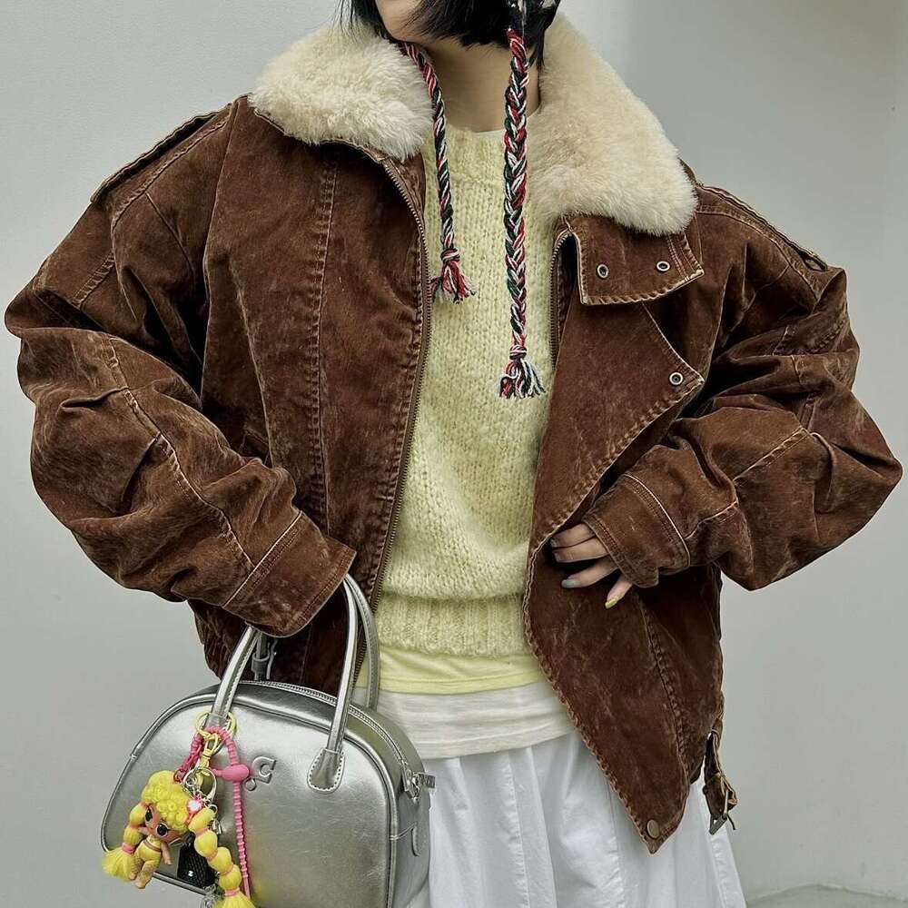 2025 Vintage Brown Distressed Denim Flocked Fabric White Goose Down Iceland Wool Collar Parka Jacket