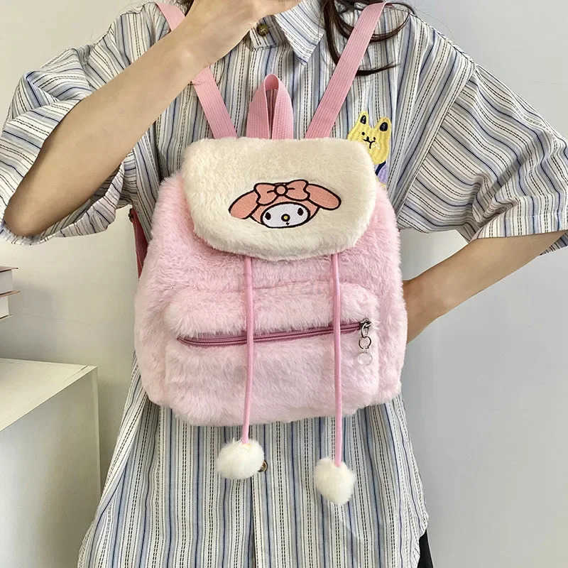 Sanrio Plush Schoolbag Hello Kitty Furry Bag Cute Cartoon Fluffy Satchel Tote Backpack Kawaii Handbags Large Capacity Plushie L251022