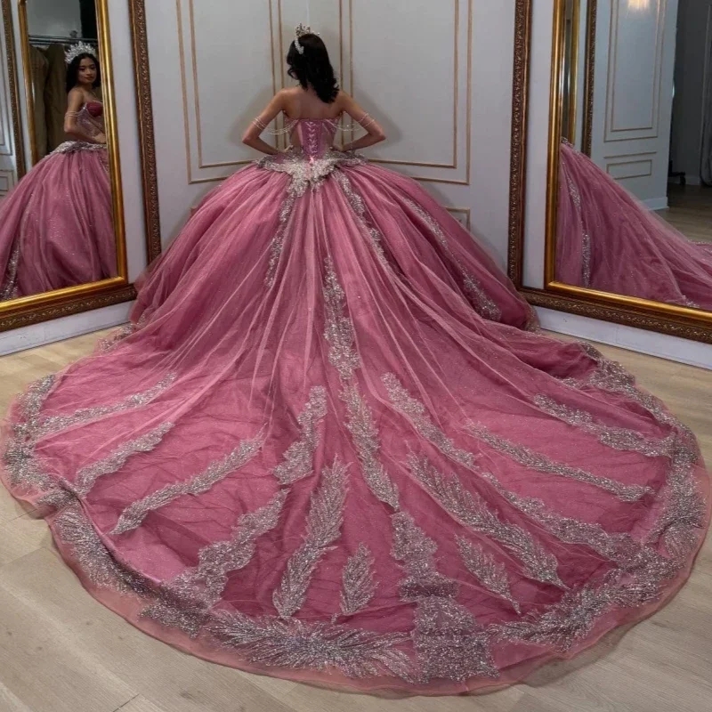 Dark Pink Ball Gown 15 Year Old Quinceanera Dresses 3D Handmade Beads Brithday Evening Party Dress