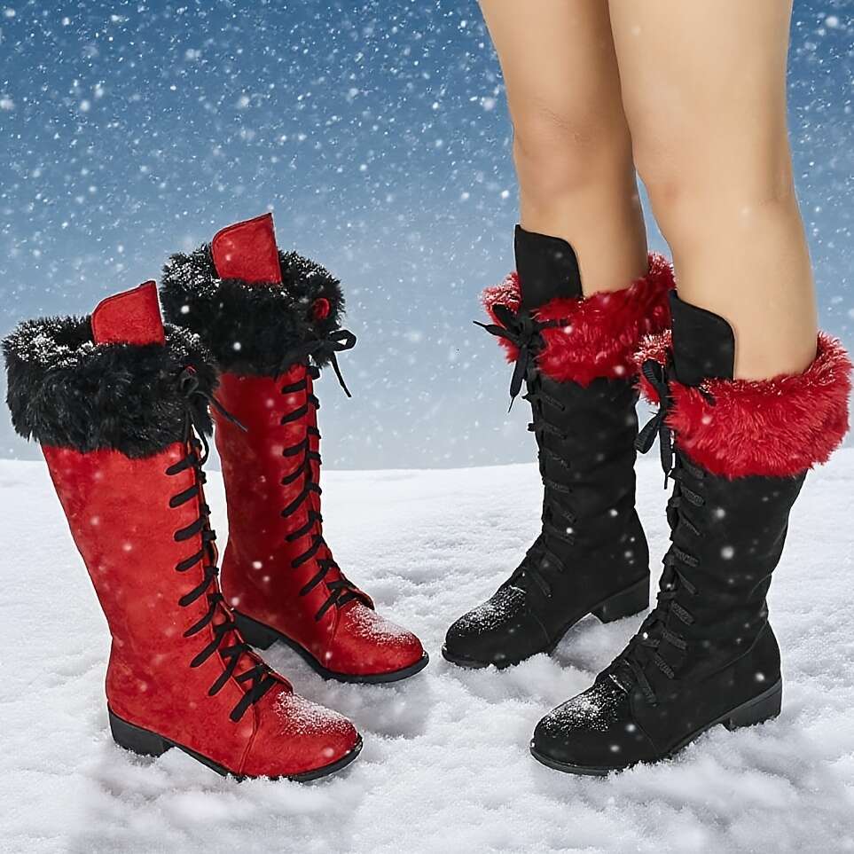 Women's Thick Platform Heel, Slip-Resistant Rubber Sole, Lace-Up Ankle For Cold Weather, Motorcycle Riding, Everyday & Formal Events Red/Black/ -