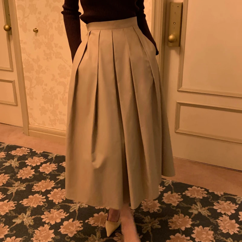 REALEFT Vintage Womens Pleated Skirts 2025 Spring Summer Korea Style High Waist Solid Straight Aline Midi Skirts Female 251022