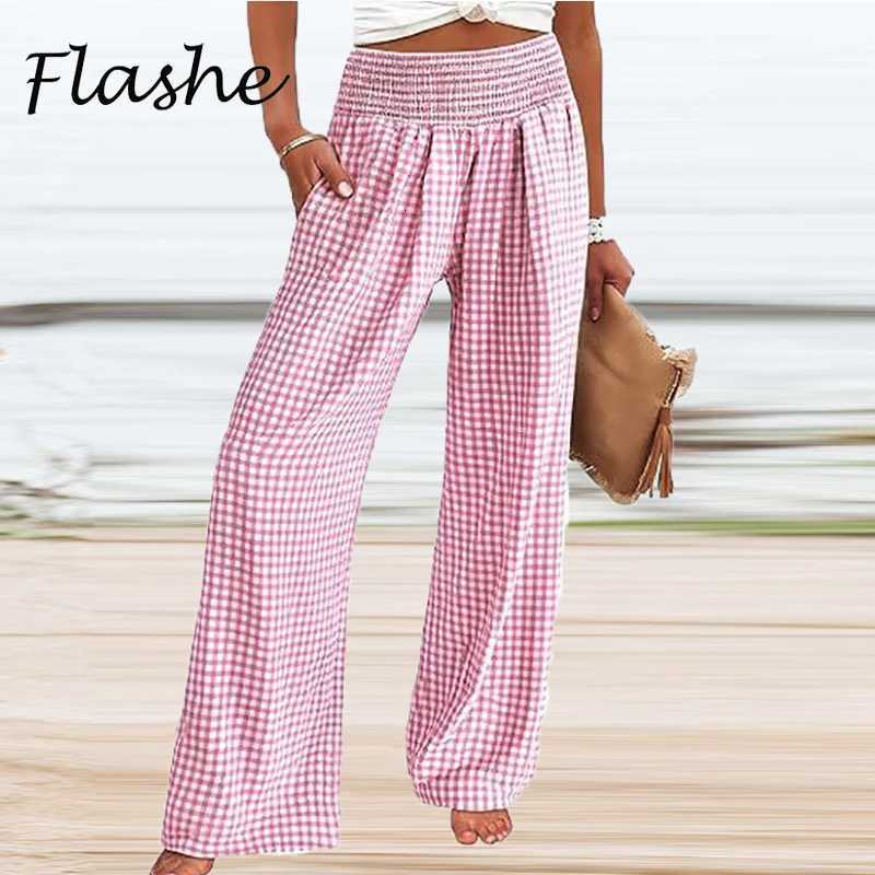 Elegant Retro Solid Baggy Pants Women Loose Elastic High Waist Pocket Plaid Printed Wide Leg Pants For Women Casual TrousersT251022