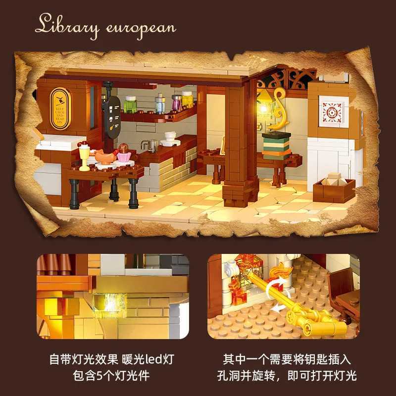 Puzzle assembly large building European bookstore building block J251022