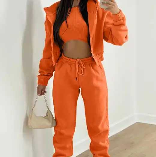 Solid Color Short Hooded Jacket Sleeveless Vest and High Waisted Ankle Pants Set for Autumn Womens Sports Style 3Piece SetT251022