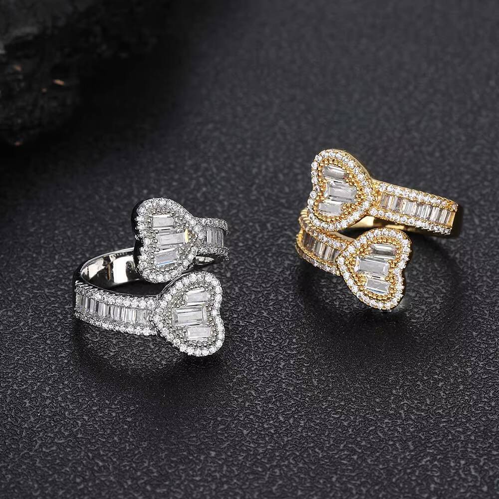 Nuoya High Quality Iced Out Baguette CZ Heart Shape Diamond Ring Double Heart Open Finger Ring