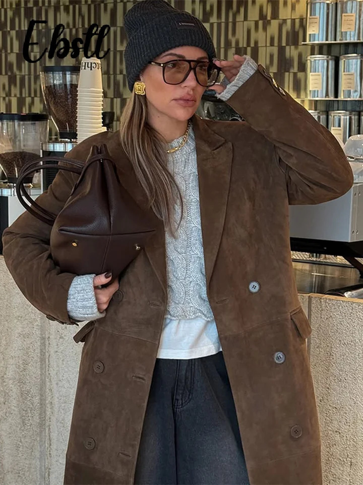 High Street Doublebreasted Suede Jackets Womens Vintage Turndown Collar Split Long Coat Autumn Winter Ladies Outwear 251020