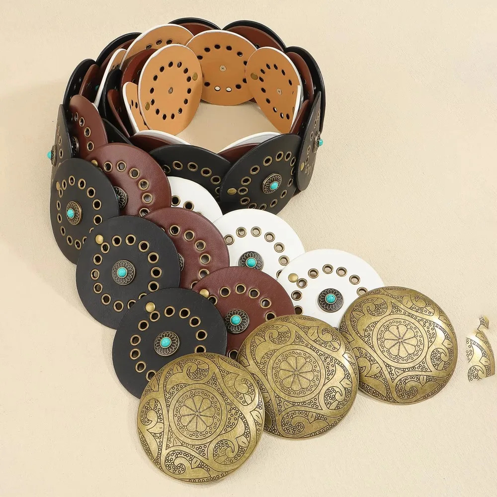 Exaggerated Wide Boho Disc Belt Adjustable Turquoise Carved Buckle Waist Belt Rivet Y2k Western Leather Waistband 251013