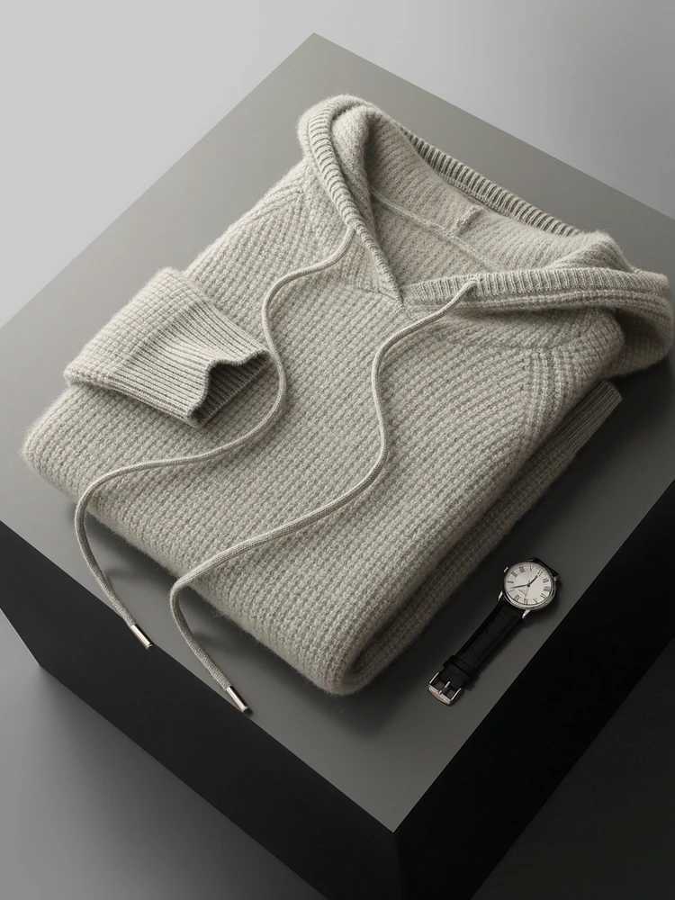 New Basic Mens Sweater Hooded Pullover 100 Cashmere Clothes Autumn Winter Sweater Thick Warm Waffle Texture Casual Knitted TopXJ251022