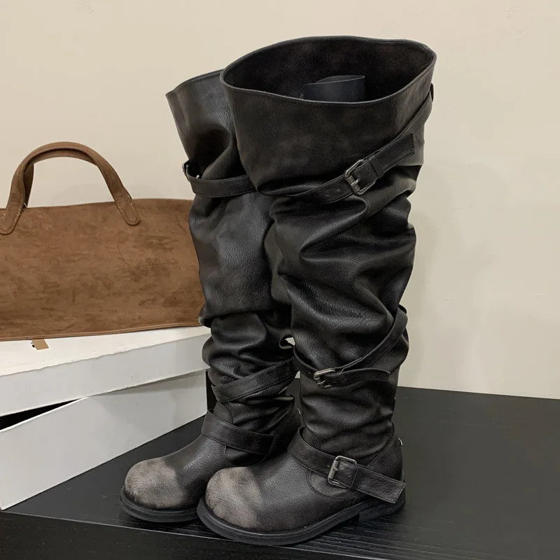 Eilyken Winter Punk Pleated Round Toe Women Over The Knee Boots Buckle Strap Square Heels Shoes Botas Mujer 251011