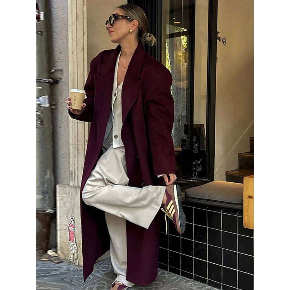 Suit Woolen Coat Bury Red Double Breasted Lapel Pockets Long Sleeves Women's Overcoat Winter Thicken Loose Outwear Top