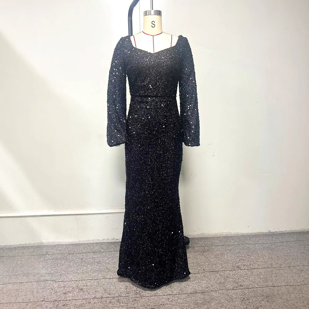 Spring and summer new fashion designer V-neck tight sequin European and American style mid waist flared sleeve length evening gown