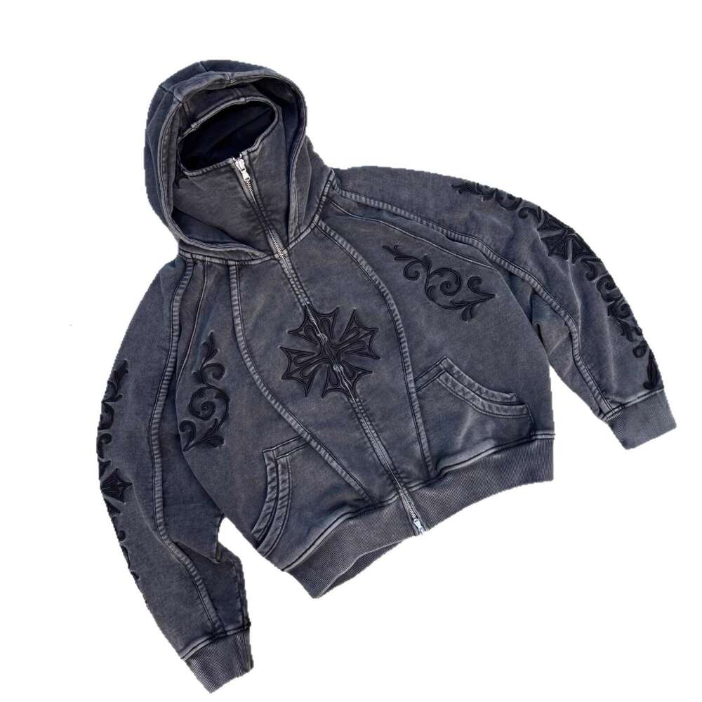 Trendy Brand Winter New Washed Vintage Personalized Embroidered for Men Street Gothic Style Double Hood Sweatshirt