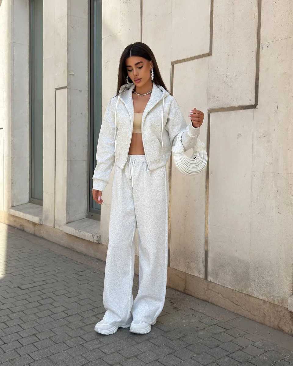 Pants Suit Women Sporty 2 Piece Sets Hoodie Coat Trousers Tracksuit Hooded Jacket Sportswear Outfits Lace Up Autumn EnsembleT251022