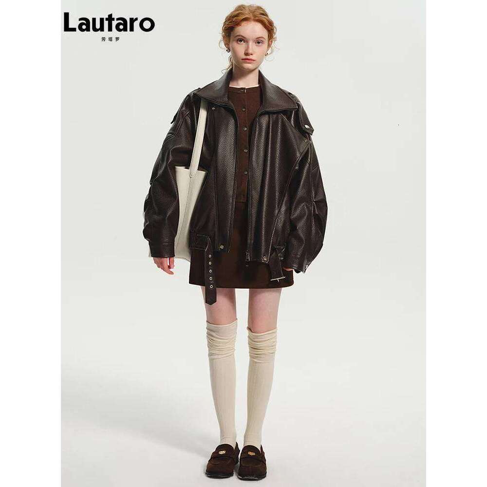 Lautaro Spring Autumn Cool Brown Oversized Pu Leather Jacket Women Long Sleeve Zip Up Designer American Retro Clothing