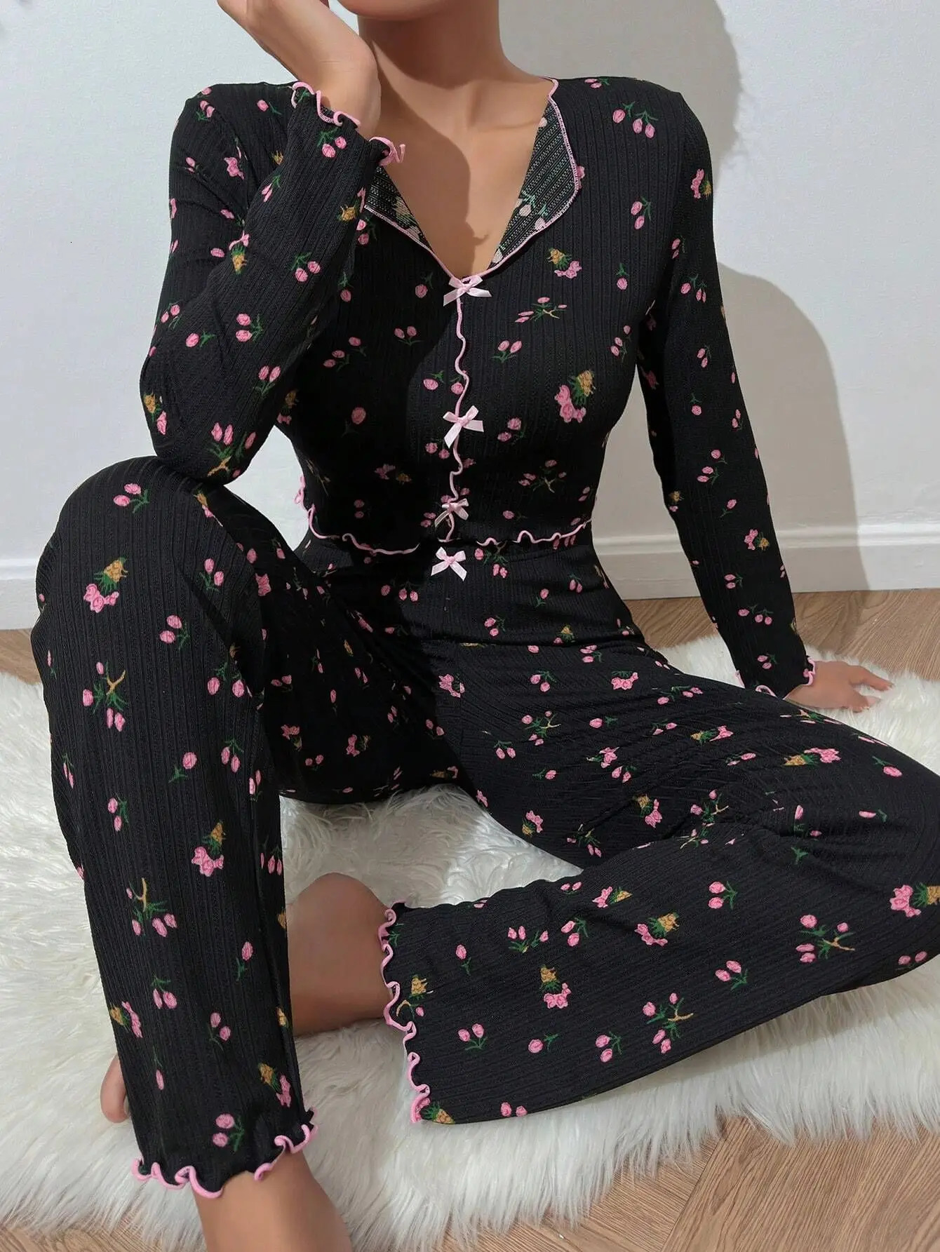Y2K Cute Floral Ribbed Pajama Set Womens Long Sleeve V Neck Two Piece Sleepwear Homewear Autumn Winter Bow Lettuce Trim 251022