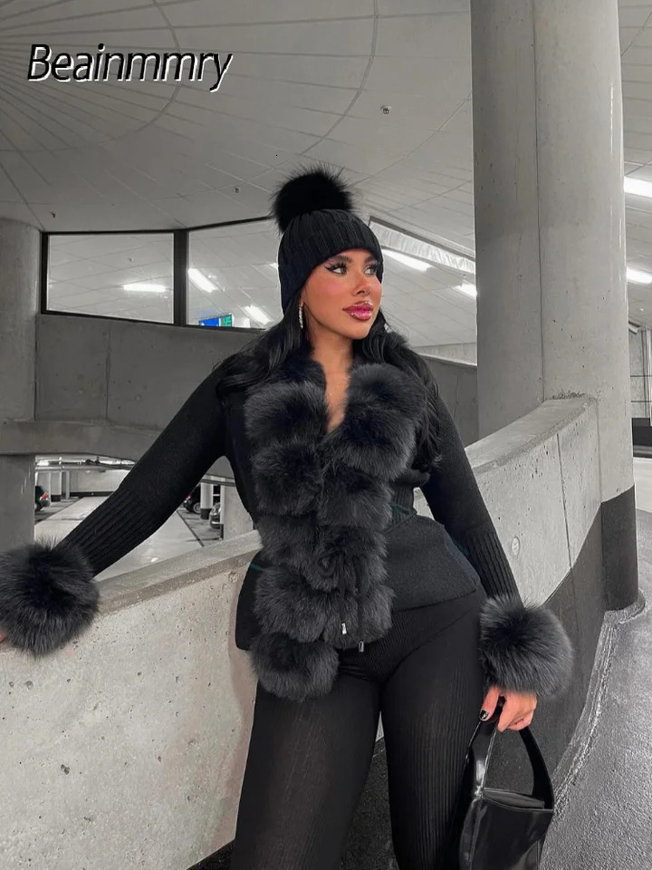 Faux Fur Patchwork Knitted Cardigan Women Fashion Elegant Vneck Long Sleeve Lace Up Jackets Winter Lady Street Outwear 251016