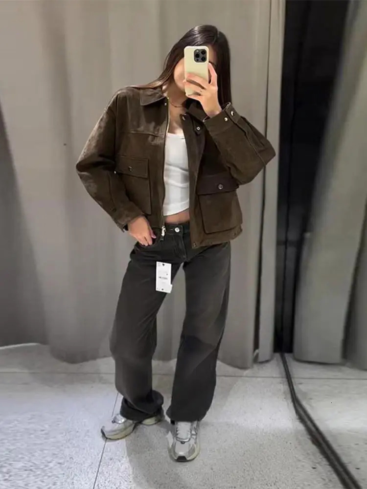 Vintage Thicken Suede Jackets Women Lapel Zipper Long Sleeves Pockets Coats Female Autumn Winter Chic Casual Warm Outwears 251020