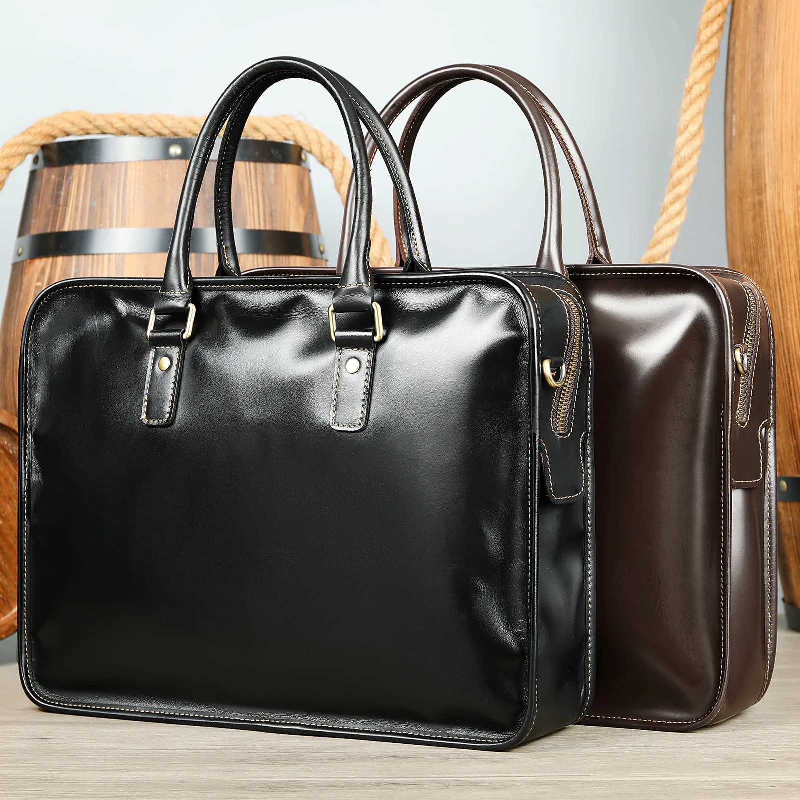 Mens Briefcase Leather Laptop Bag Top Layer Cowhide Casual Handbag 14 Inch Business Shoulder Bag Messenger Bag W251022