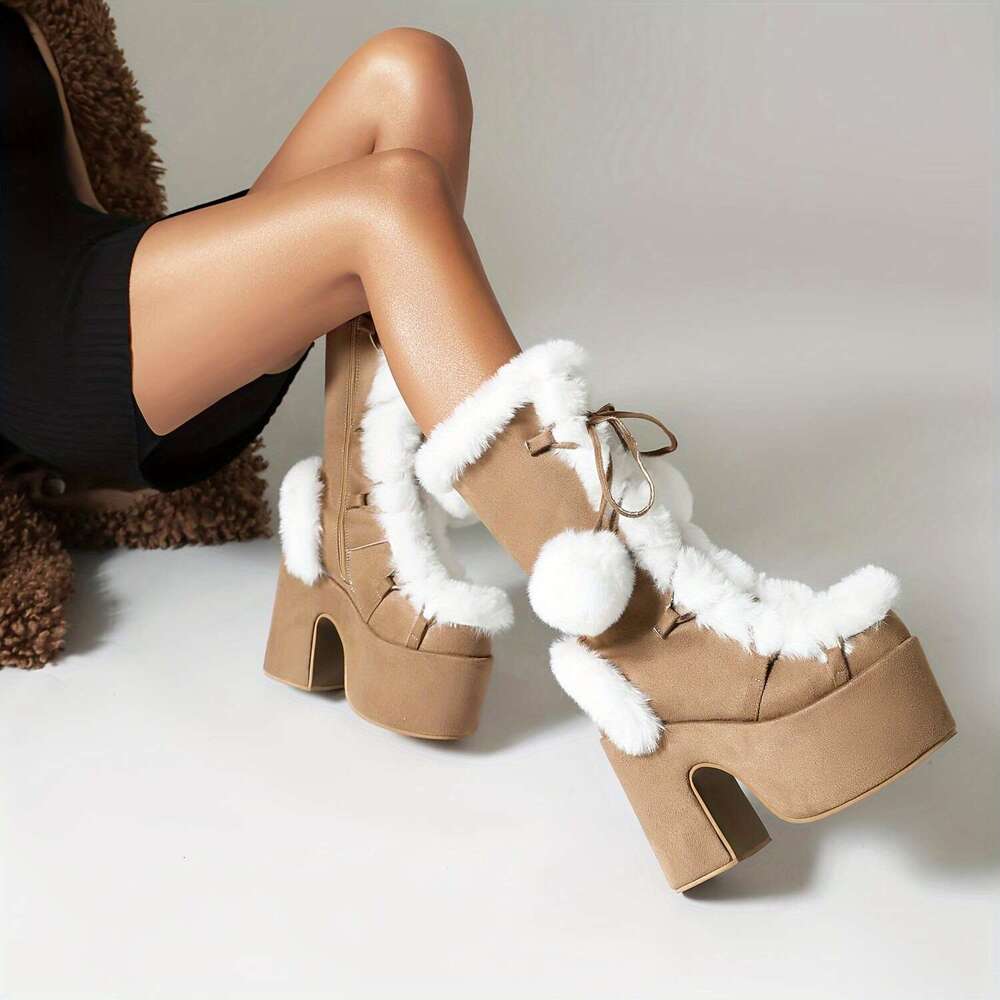 Women's Solid Color Boots, Side Zipper Pull On Platform Warm Plush Lined Chunky Heels, Non-Slip Y2k Fluffy Ball Boots