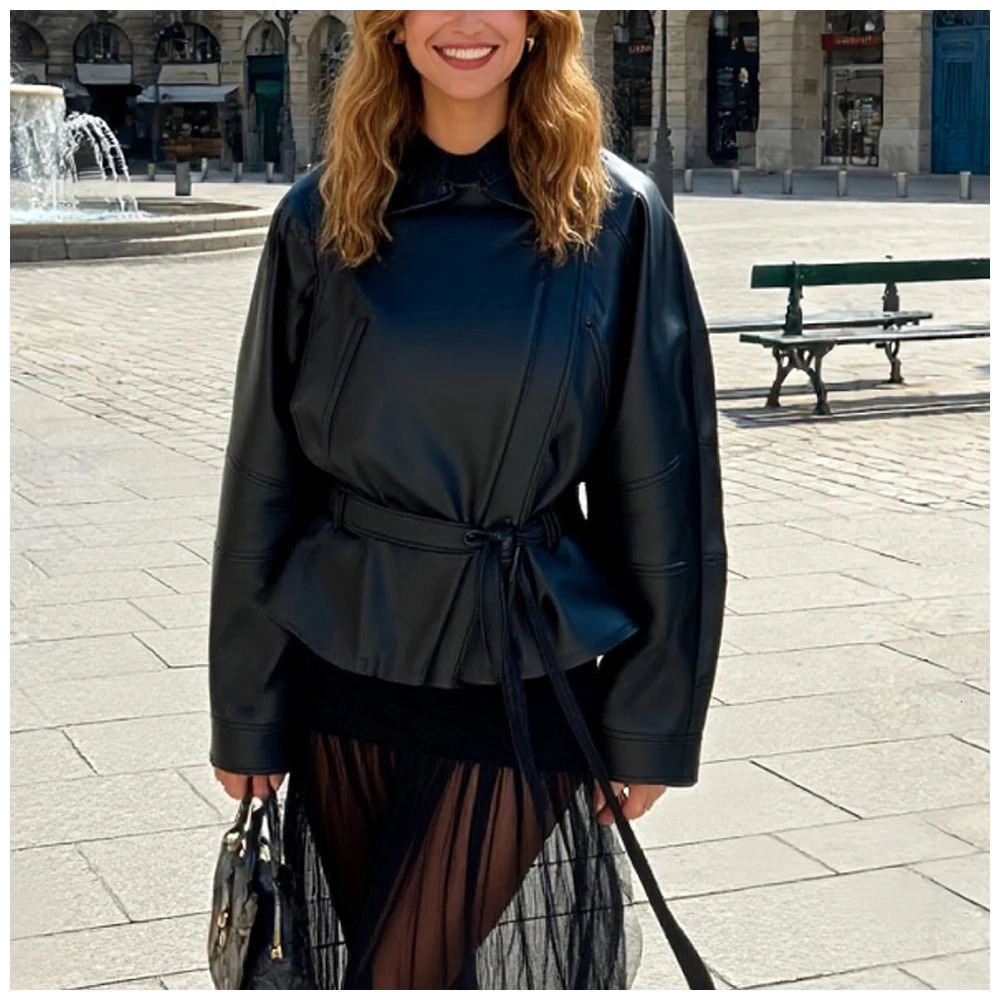 Womens black faux leather belt jacket with a collar trendy and fashionable autumn winter coat 251106