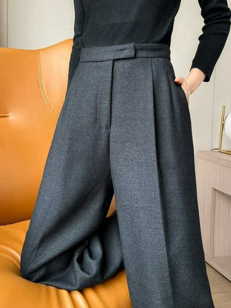 WOOL Autumn Slim High Waist Straight Womens Pants Casual Solid Color Loose Chic Female Wide Leg Pants Fashion Office LadiesT251022