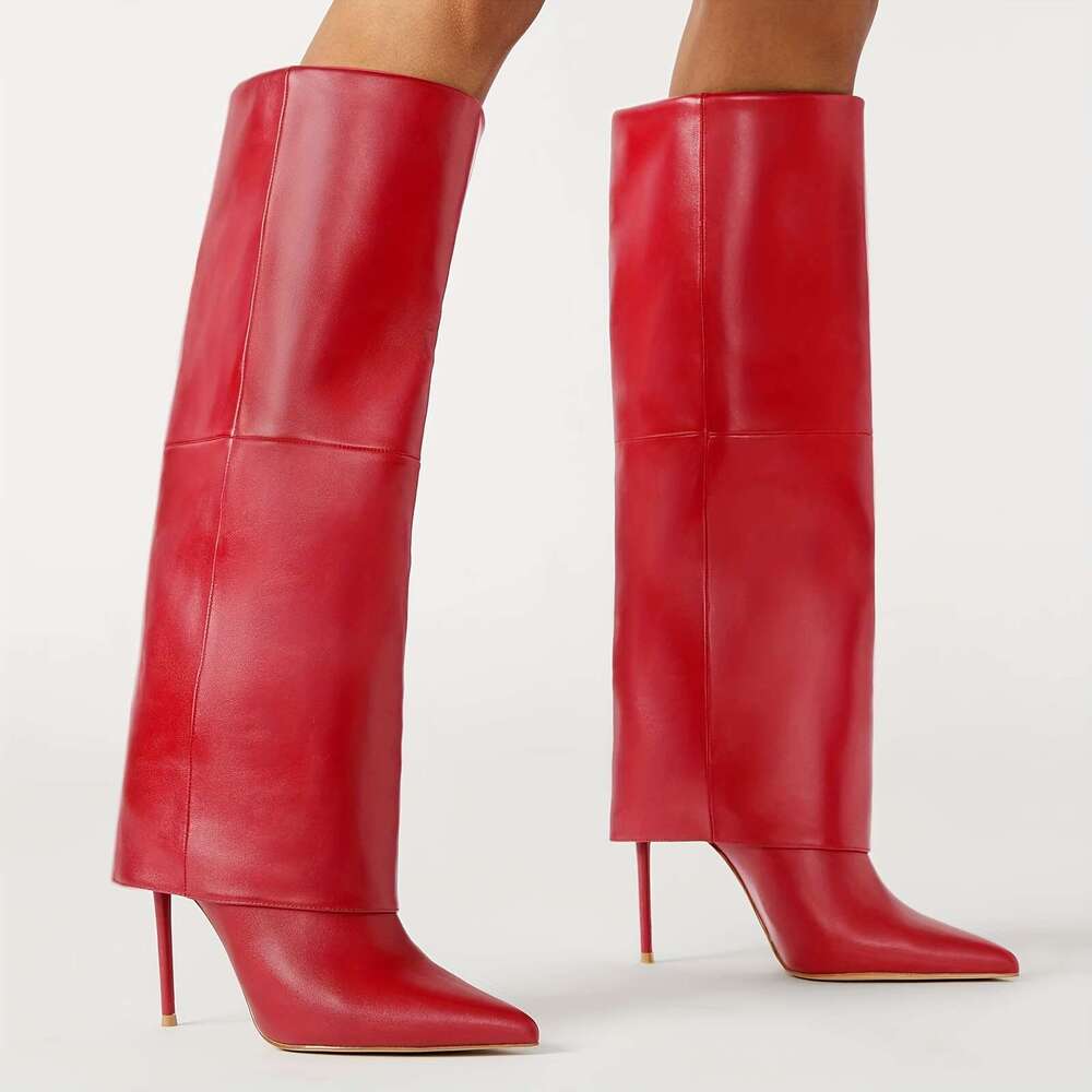Women's Knee High Stiletto Heel Boots Fold Over Pointed Toe Pull On Design Shoes Wide Calf Sexy Fashion Party Dress Tall Booties
